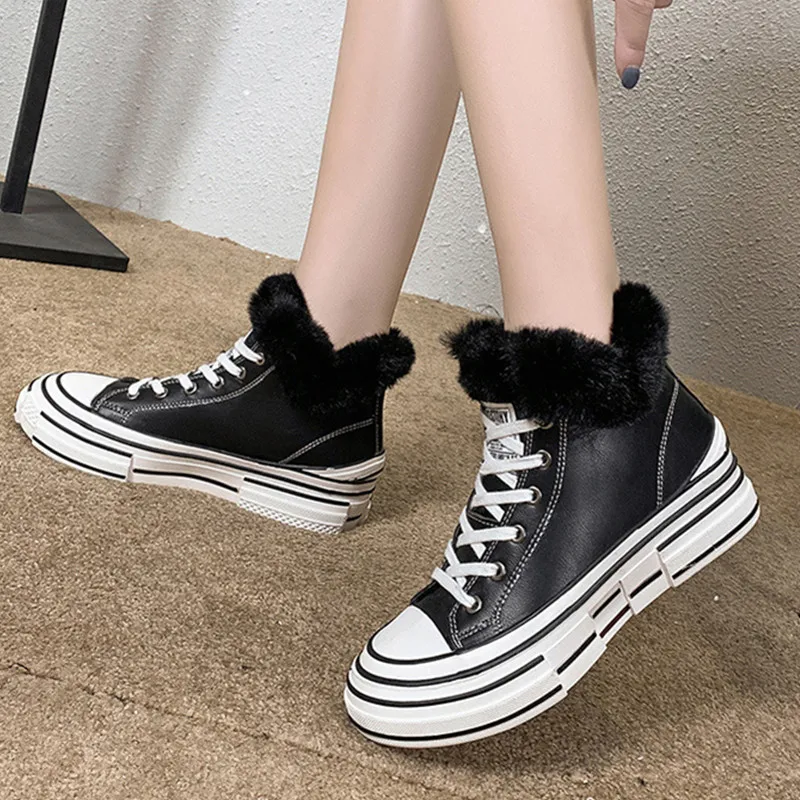 Shoes Woman Leather Winter Warm Plush Casual Vulcanized Lace-up chunky Platform Fur Ladies Increased Chunky Sneaker |