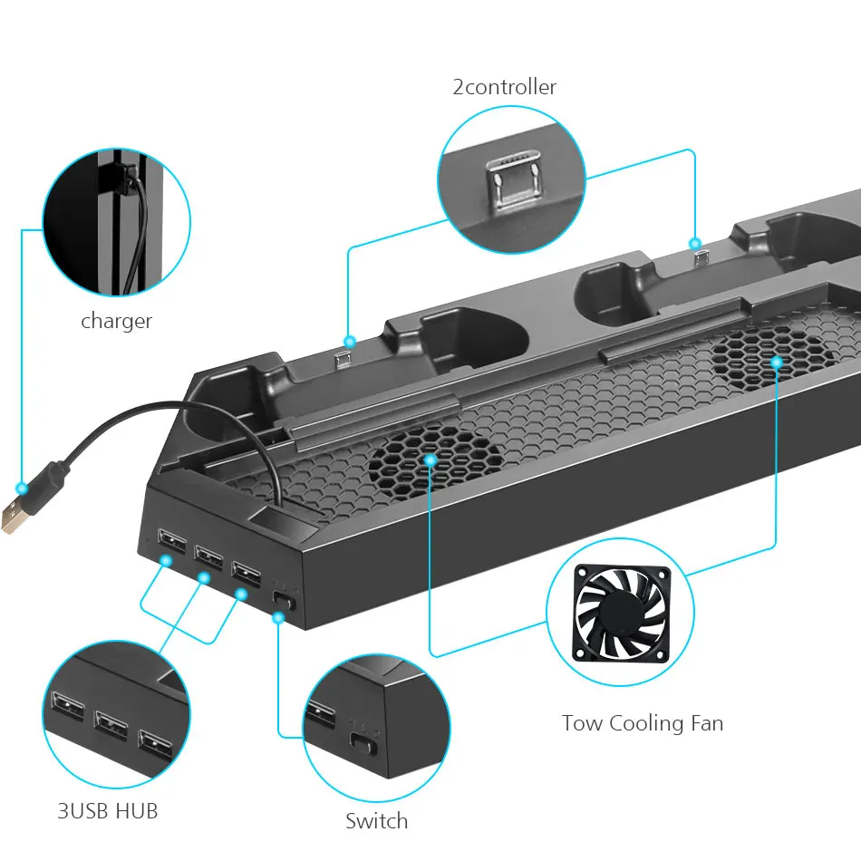 Вертикальная подставка DOBE для PS4/Slim/Pro зарядная док станция с охлаждающими