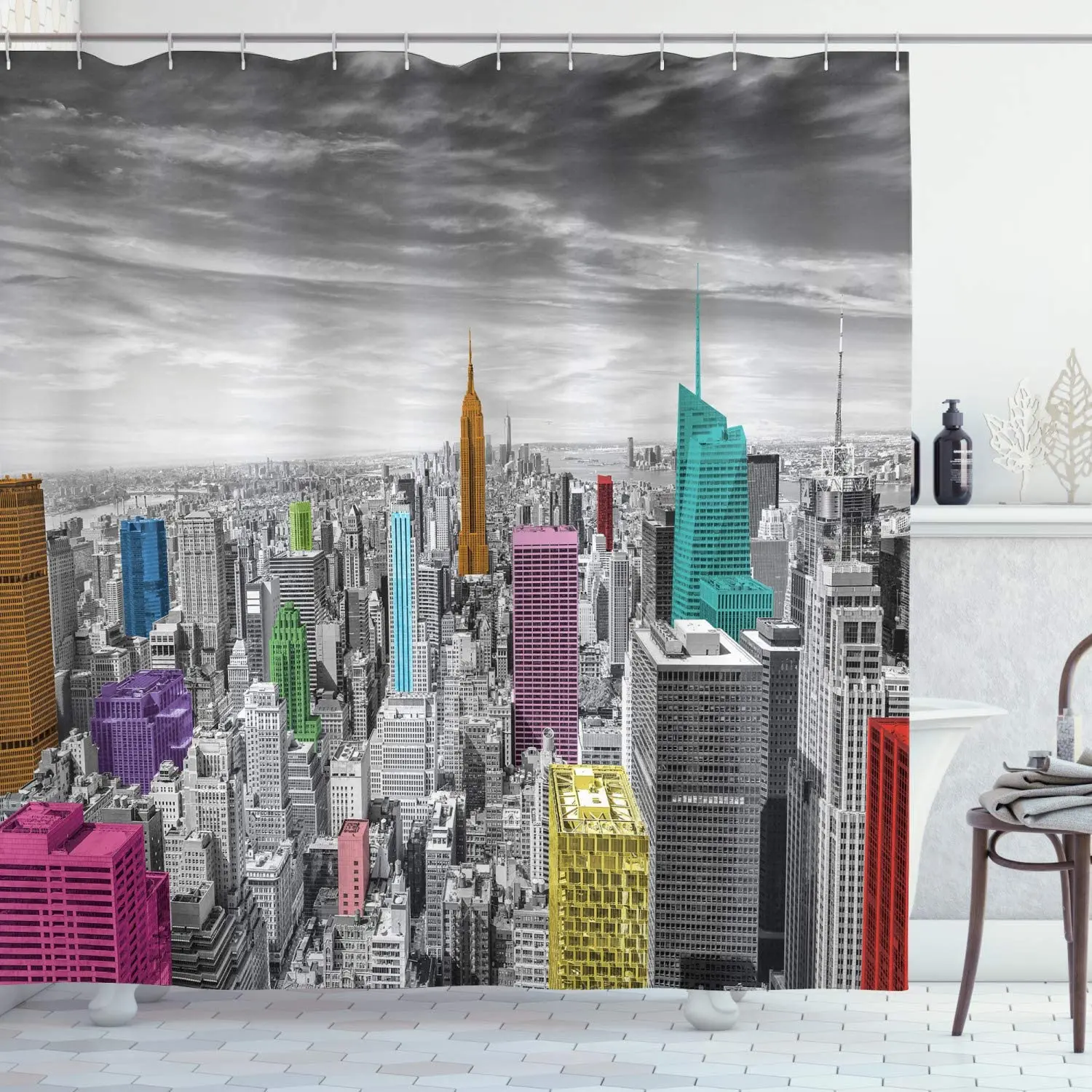 

New York Shower Curtains NYC Cityscape Monochrome Photograph Colorful Buildings Urban Architecture Fabric Bathroom Decor Set