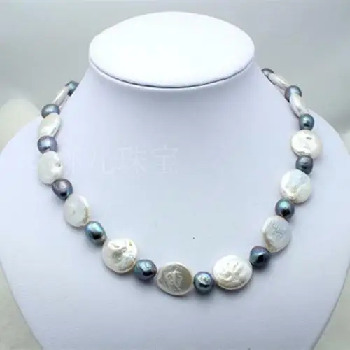 

Natural Freshwater coin pearl with 7-8MM black round pearl necklace 18" long