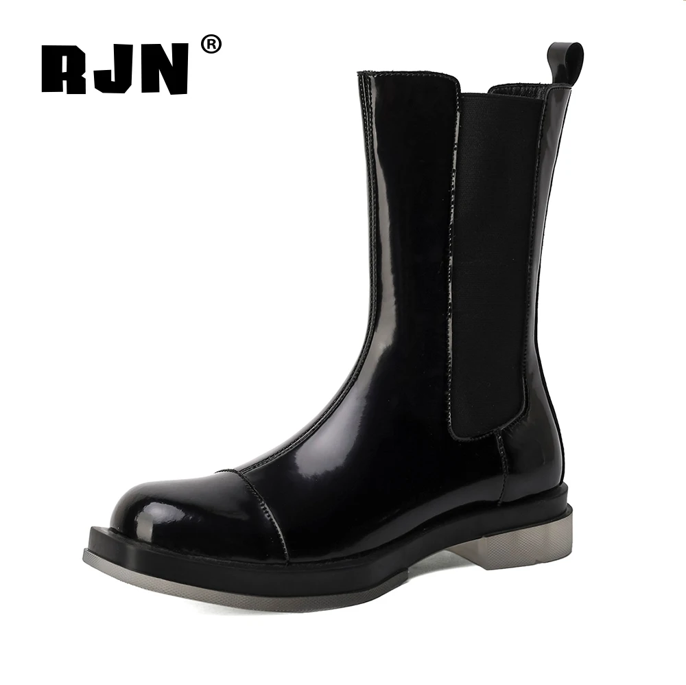 

RJN Stylish Chelsea Boots Round Toe Low Heel Breathable Cow Leather Handmade Women Shoes Comofortable Anti-skid Autumn BootRO588