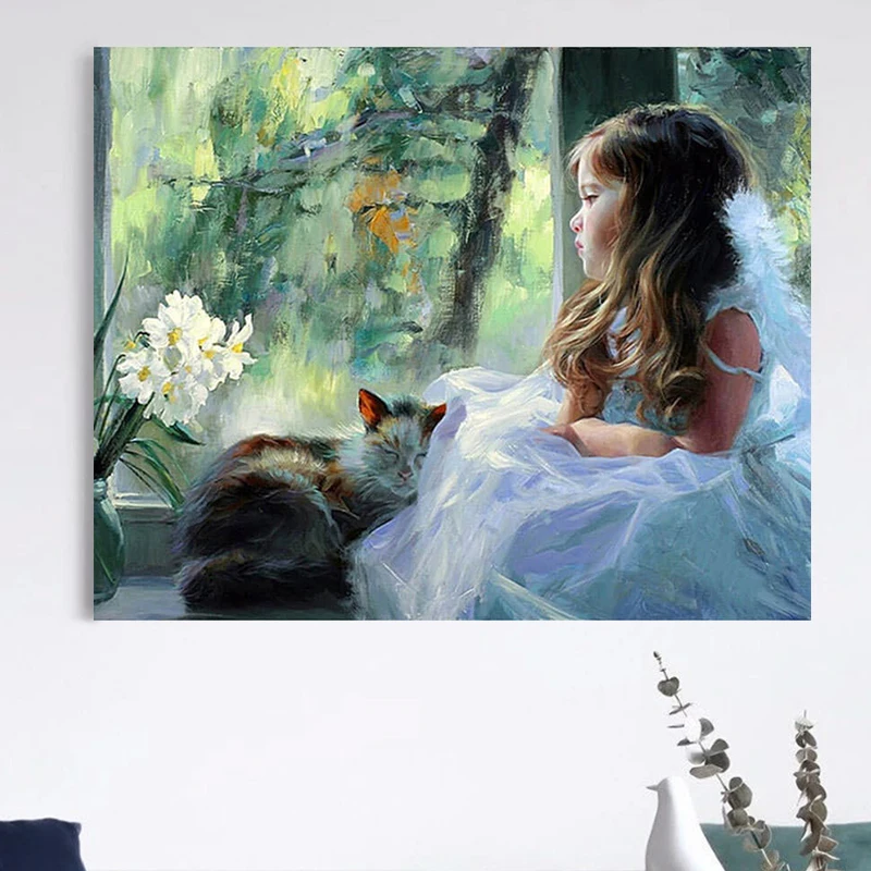Diy digital painting creative little girl and small animal hand-painted decompression decorative | Дом и сад