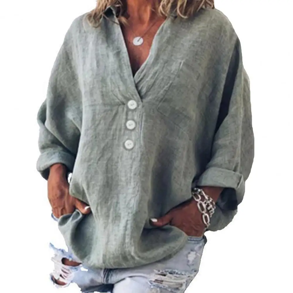 Женская винтажная рубашка с отворотом зеленая однотонная блузка V-образным