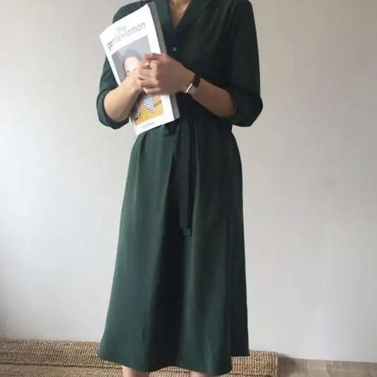 Однотонное женское платье-рубашка с длинным рукавом свободное платье Новинка