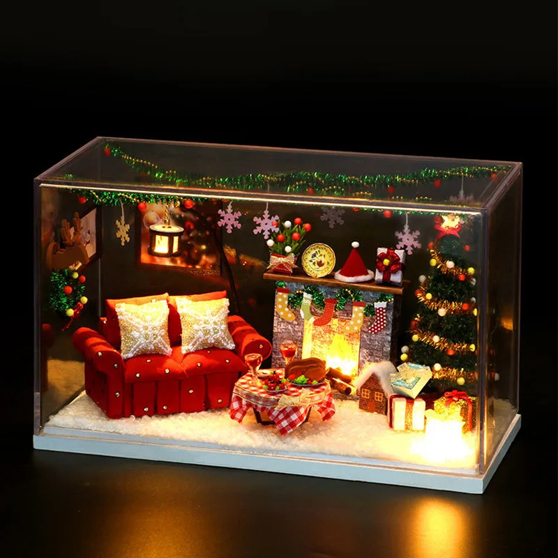 

Mini LED Doll House DIY Christmas Tree Decorate Red Dining Furniture Kit Cabin Home Furnishings Toys for Children Year Gifts