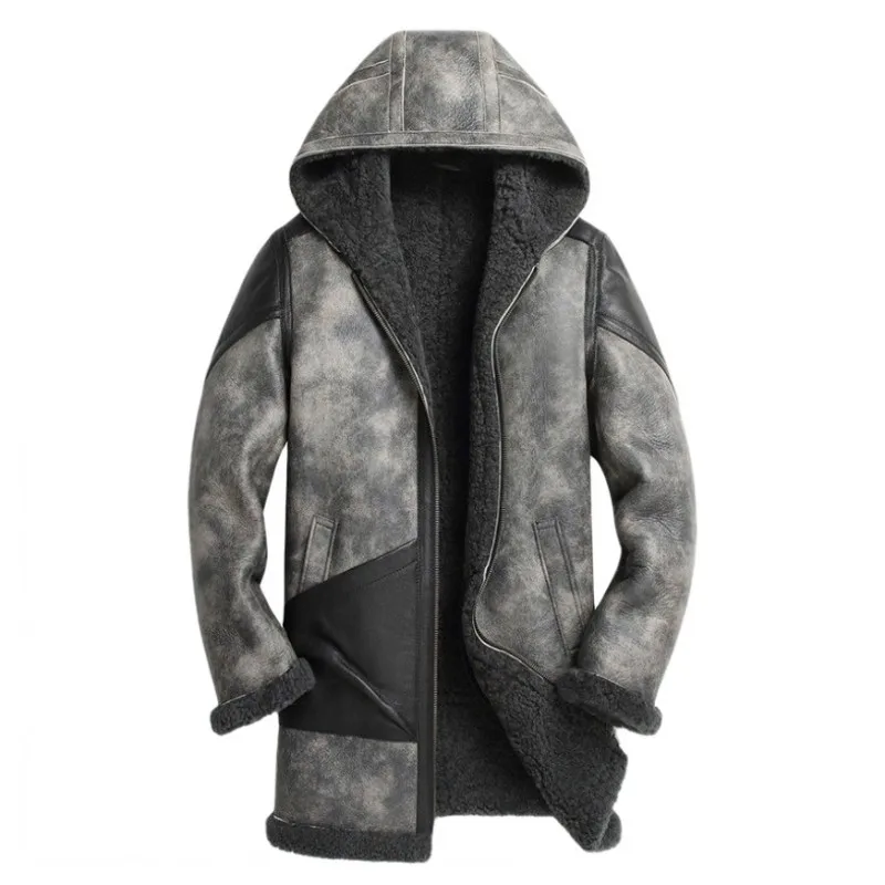

Mens Winter Thick Luxury Wool Lining Real Fur Coat Slim Fit Hoody Genuine Leather Natural Shearling Jacket Military Mid Overcoat