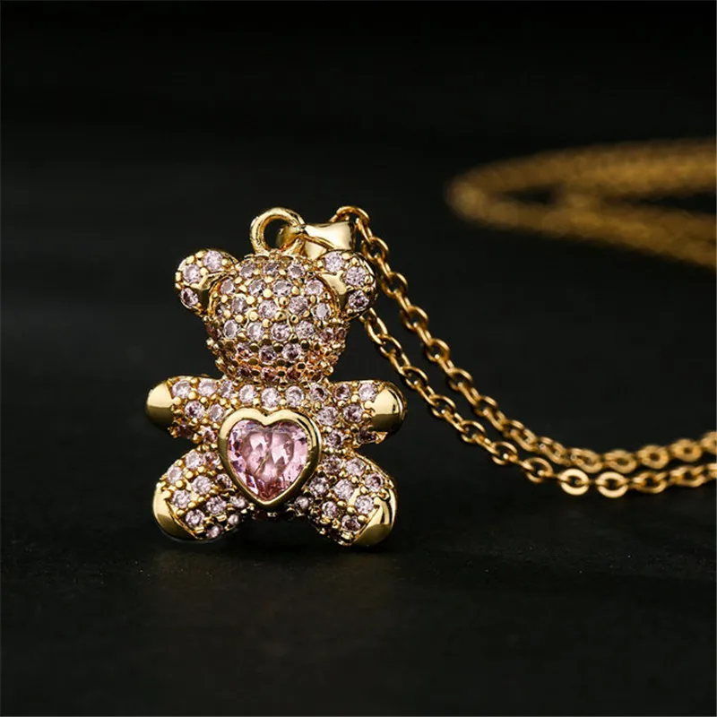 

Vagzeb New Fashion Gold Color Cute Bear Pendant Necklace AAA Cubic Zircon Necklaces for Women Men Gift Bijoux