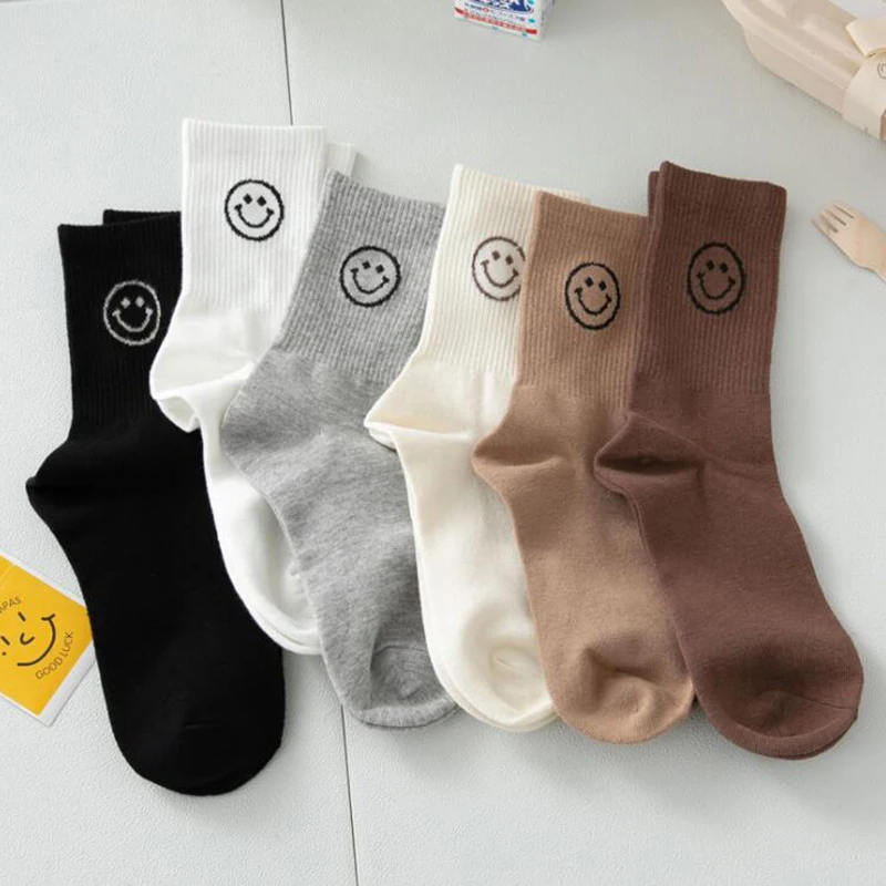 5Pairs/lot Cotton Socks Women Smile Face Socks Girls Solid Color Fashion Long Socks Female Dress Streetwear calcetines mujer