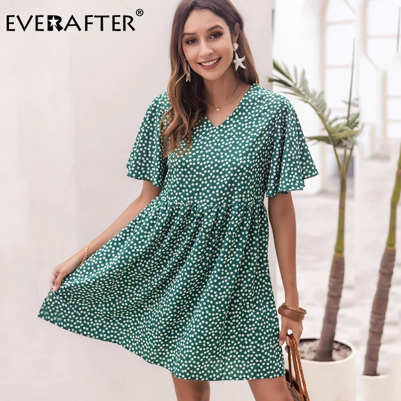 

Женское платье с цветочным принтом EVERAFTER, элегантное платье с коротким рукавом, высокой талией и оборками, офисная одежда, зеленое летнее пл...