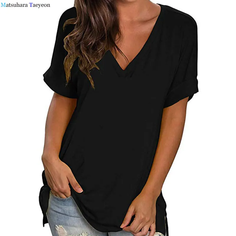 Футболка хлопковая однотонная с V-образным вырезом Повседневная рубашка