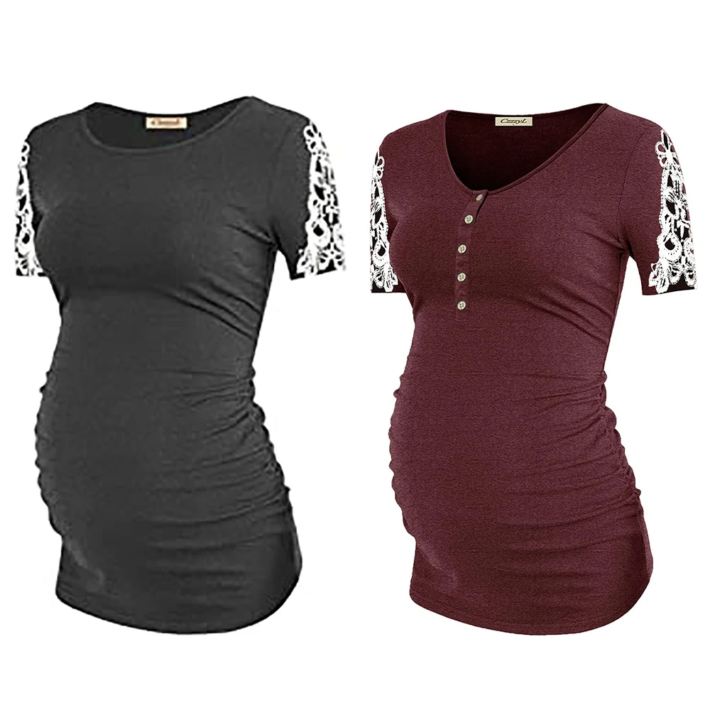 

Maternity Buttoun O-Neck Tops Women Pregnant Nursing Lace Short Sleeve Solid Patchwork Tops T-shirt Camisetas Nursing Tops D30