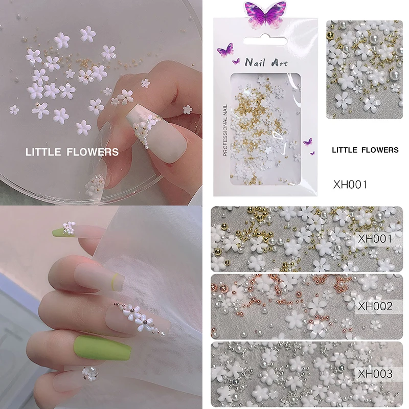 

DIY Resin Nail Sticker Decals Flatback Mixed Steel Ball White Flower Pearl Nail Gem 3D Nail Jewelry Manicure Nail Decoration