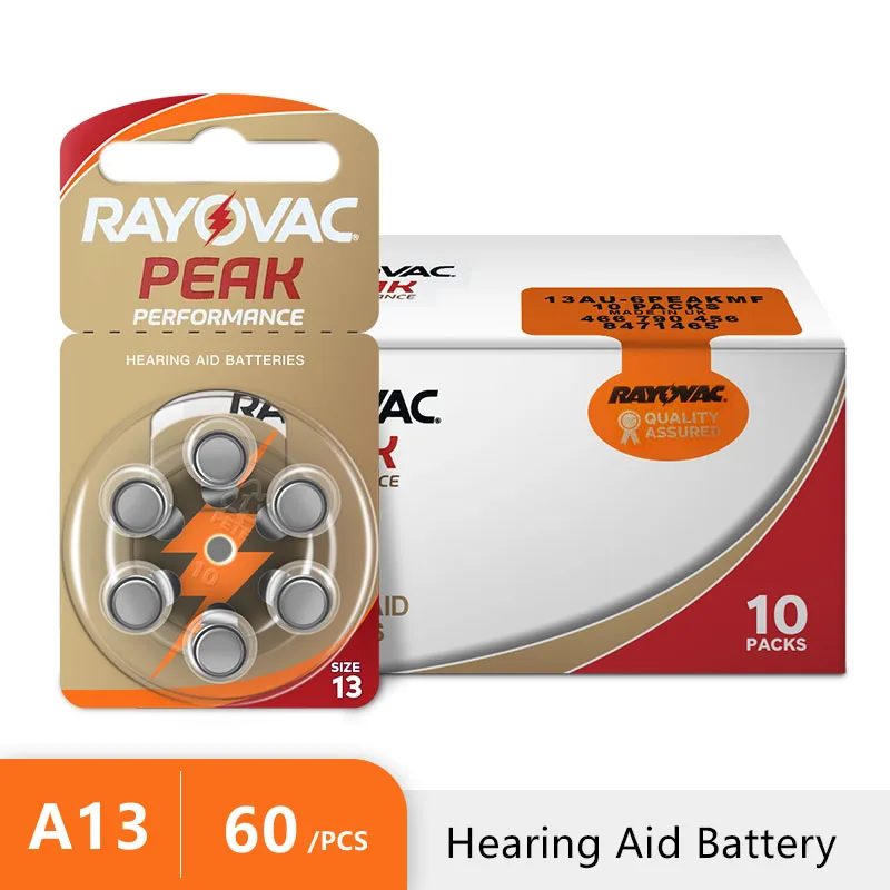 

60PCS / 10 Cards RAYOVAC PEAK Hearing Aid Batteries 1.45V 13A A13 13 P13 PR48 Zinc Air Battery For BTE CIC RIC OE Hearing Aids
