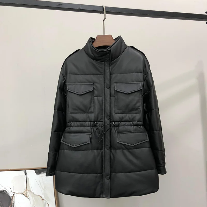 Цена Кожаный пуховик SHZQ, женская кожаная куртка средней и длинной длины, с воротником-стойкой, Ветровка из овечьей кожи, куртка с карманами для ин...