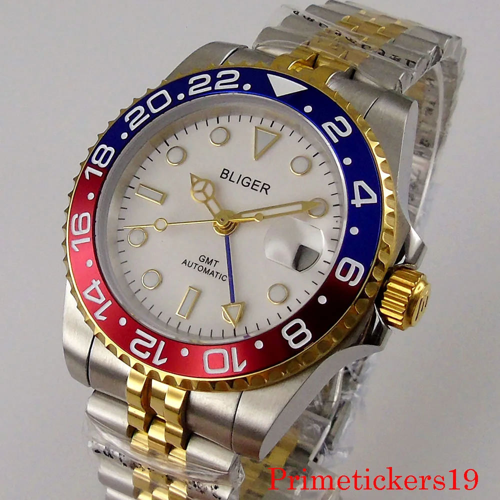 

luxury 40mm bliger gold plated case sapphire glass auto date GMT white dial stainless steel strap automatic men watch