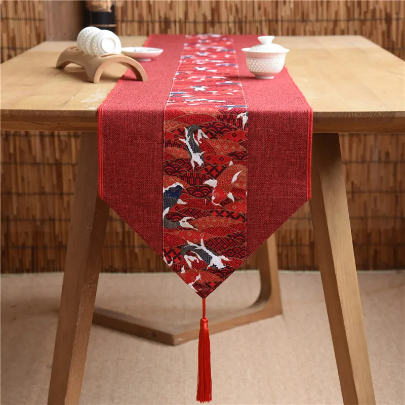 

Chinese Style Red Splicing Carp Table Runner Cotton and Linen Lotus Red-crowned Crane Table Flag with Red Tassels Table Cover