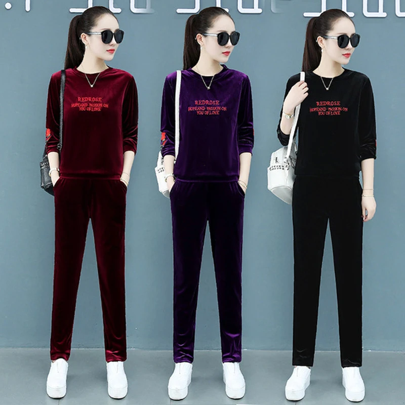 

Женский Бархатный спортивный костюм с вышивкой, повседневный костюм из двух предметов, корейский свитшот с длинными рукавами и брюки, весна...