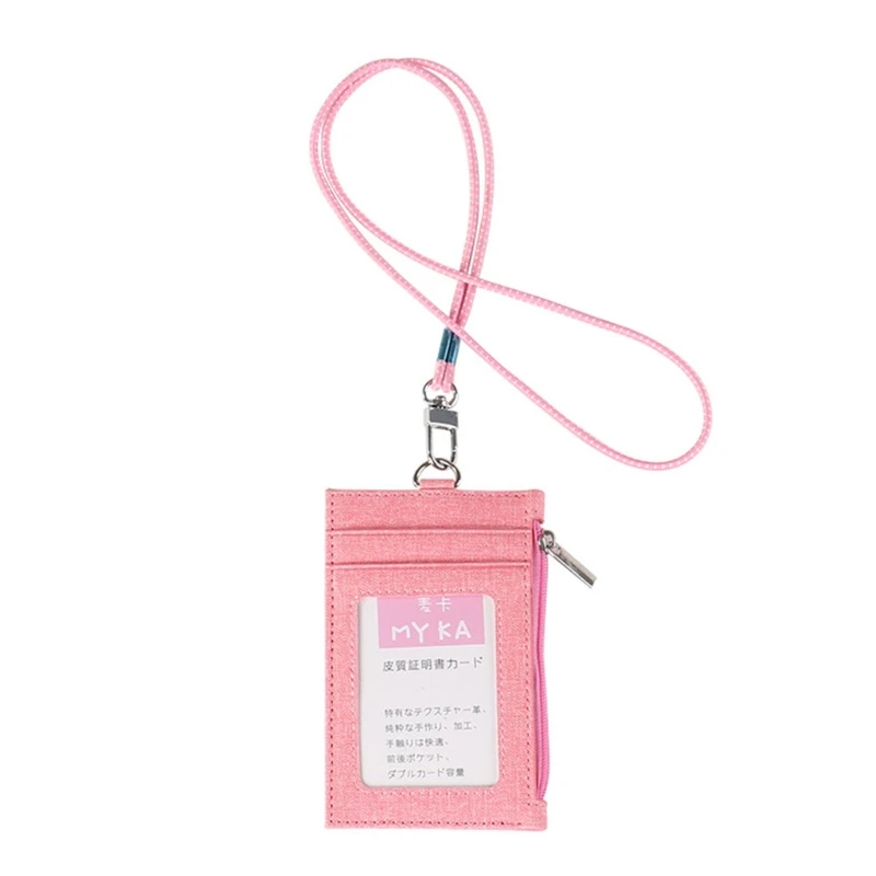 

Men Women Business Card Holder Wallet with Cotton Linen Lanyard Neck Strap Faux Leather ID Badge Case Zipper Wallet Pocket