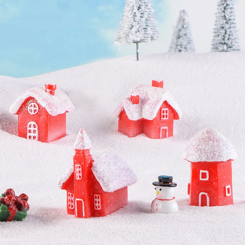 

1Pcs Red Christmas House Snow Landscape Resin Figurines Miniature Ornament DIY Miniature Garden Bonsai Crafts Decoration