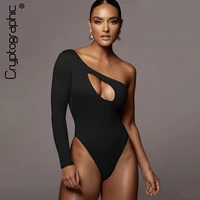 cryptographic 2021 spring sexy cut out womens bodysuits elegant club party solid tops one shoulder high waist bodysuit rompers