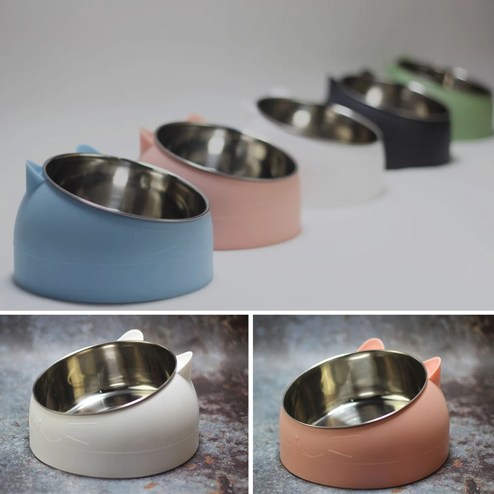 

Cat Dog Bowl 15 Degrees Tilted Stainless Steel Cat Bowl Safeguard Neck Puppy Cats Feeder Non-slip Crashworthiness Base Pet Bowls