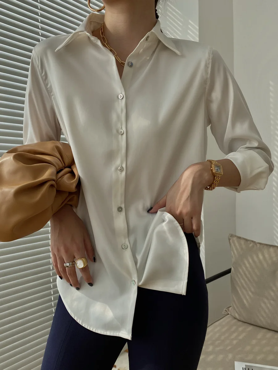 Офисная Женская Высококачественная однобортная атласная белая рубашка