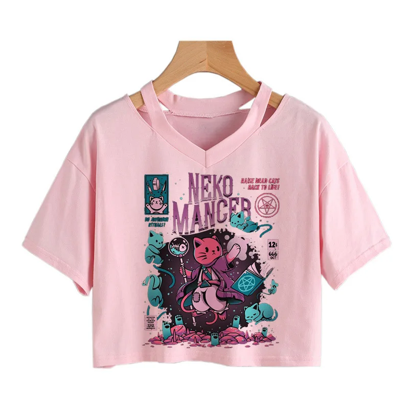 Летняя футболка Harajuku Y2k Neko Mancer кроп топы Ulzzang панк гранж черная сатаническая