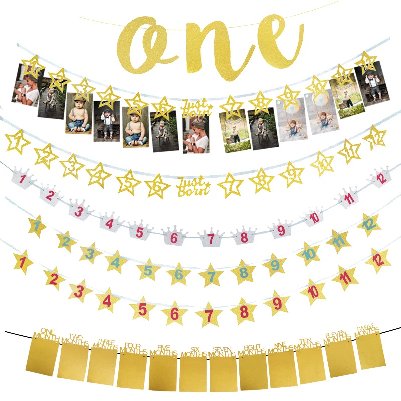 

WEIGAO 1Set Happy Birthday Photo Banner Birthday Party Decoration Baby Shower First 1st Birthday Flags ONE Year Bunting Garlands