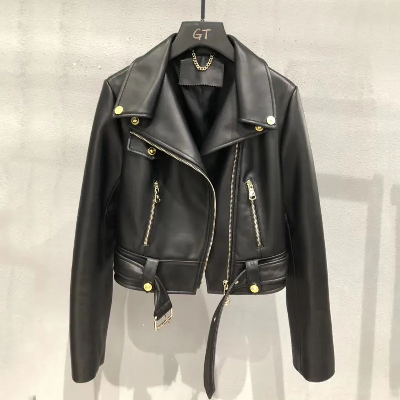 Women's Genuine Leather JacketSpring ClothingShort LengthHigh Quality Real Sheepskin PatternDown-Turn Collar