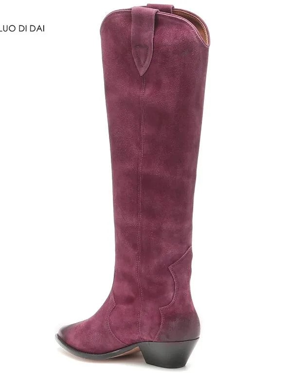 2019 new women knee high boots block heel point toe suede leather ladies party shoes slip on western booties | Обувь