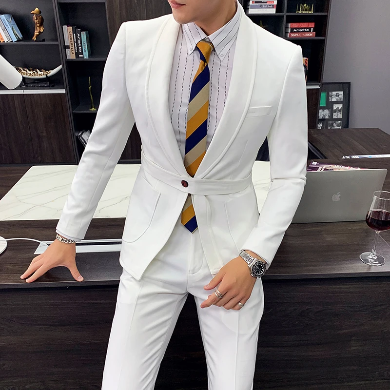 Мужской костюм смокинг Ternos Masculino черный деловой с поясом брюки в западном стиле