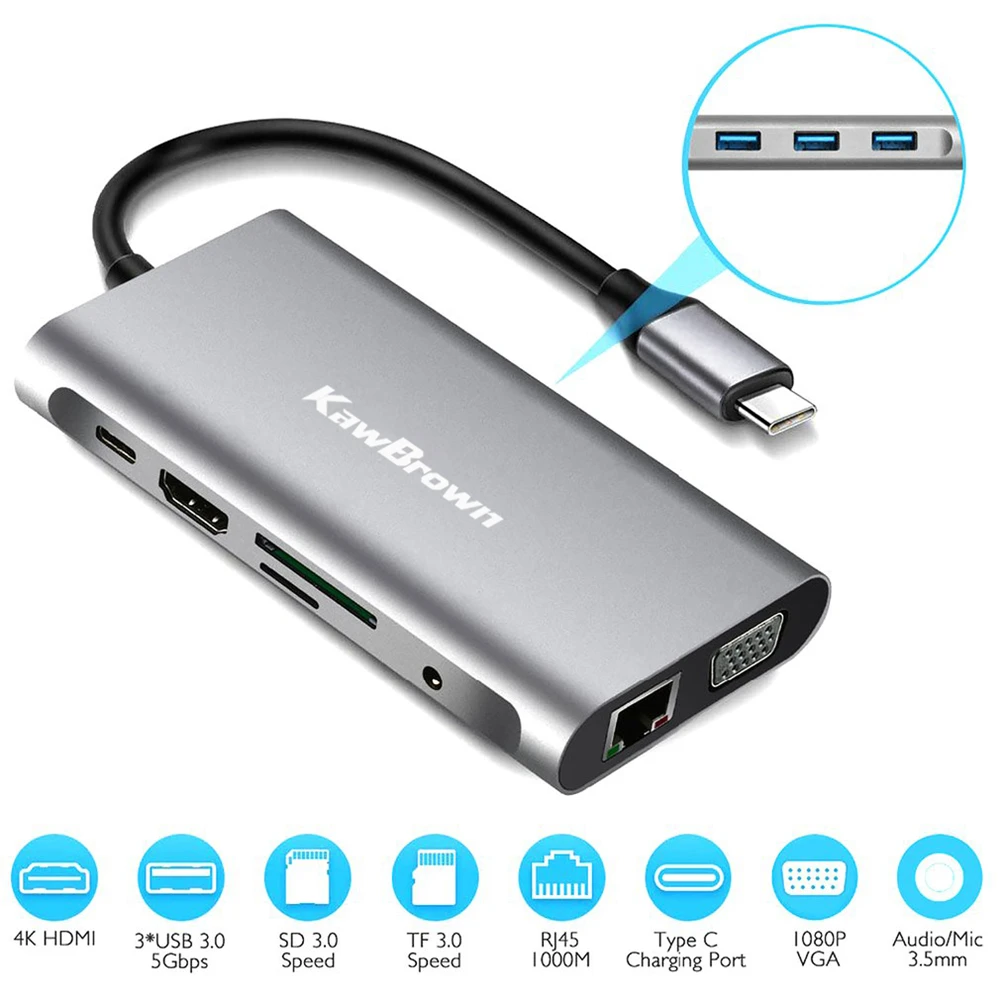 KawBrown 10 в 1 мульти USB C док-станция к 3 0/HDMI/VGA/RJ45/3 5 м аудио/TF/SD/PD Зарядка для ноутбука