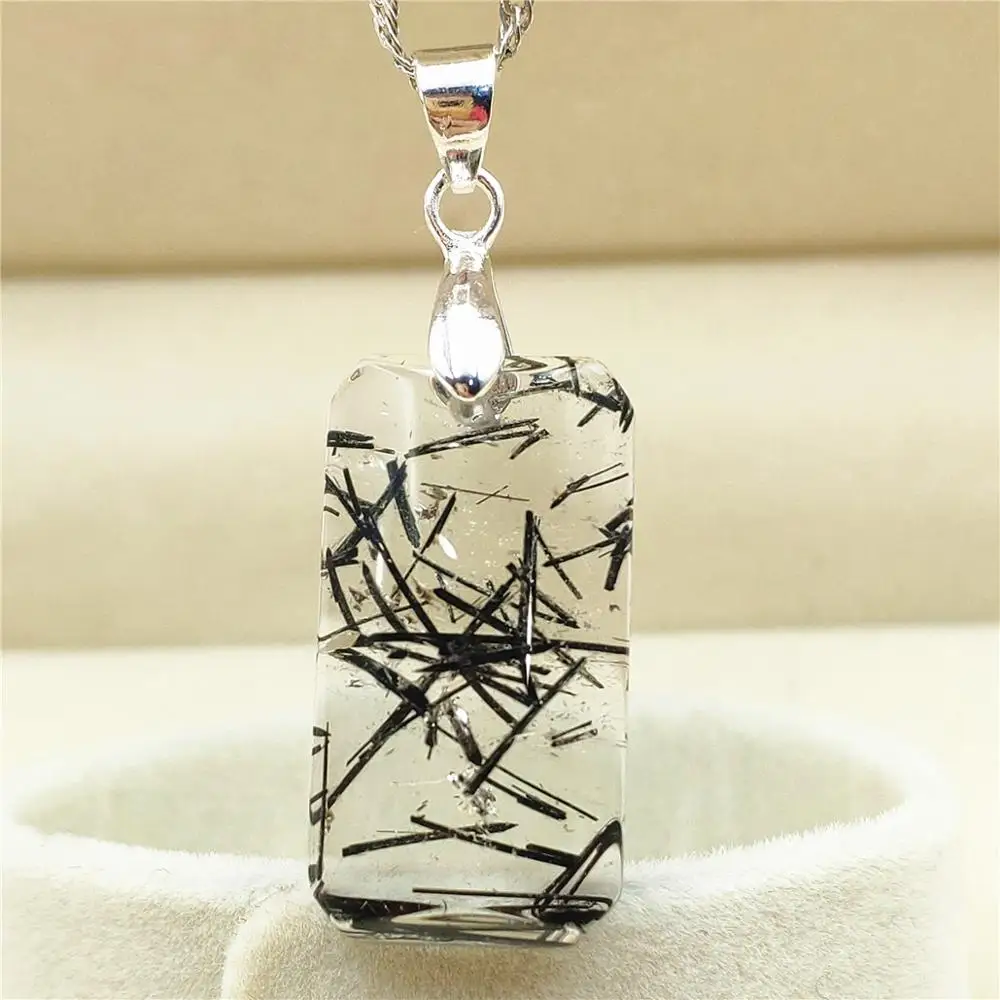 

Natural Black Rutilated Quartz Pendant 26x24x6mm Gemstone Women Men Clear Rectangle Bead Oval Necklace Jewelry AAAAA