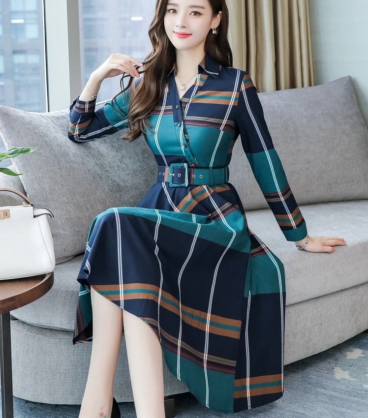 Женское платье Осень Зима с длинным рукавом в полоску клетчатое рубашка