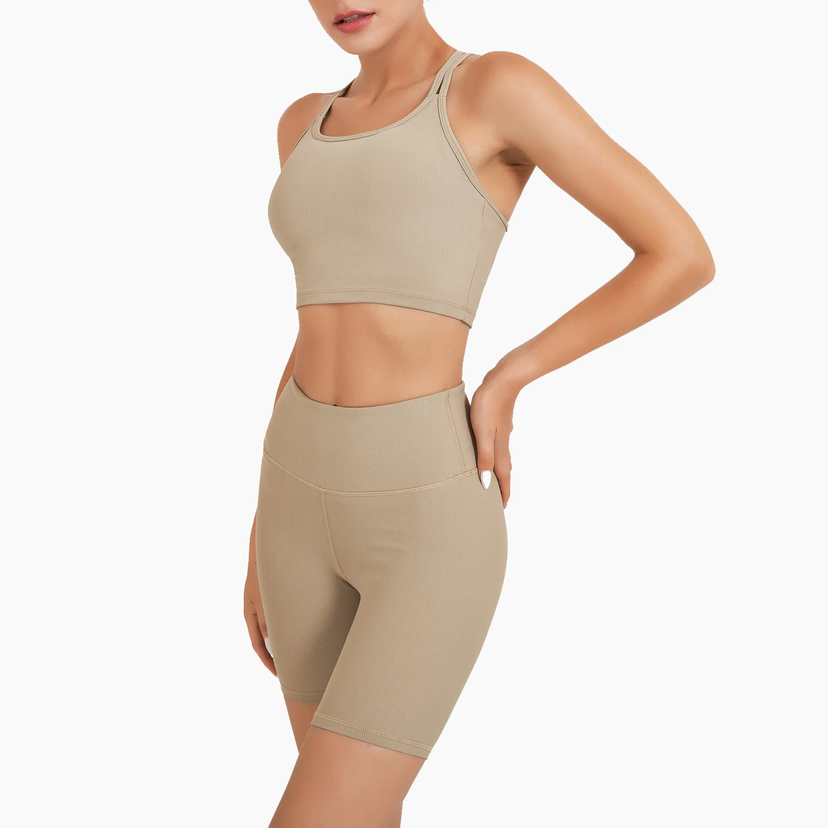 

High Elastic Yoga Set for Women Gym Suits Sports Clothes Seamless Padded Crop Bra Striped Shorts Hip Running Clothes Yoga Suit