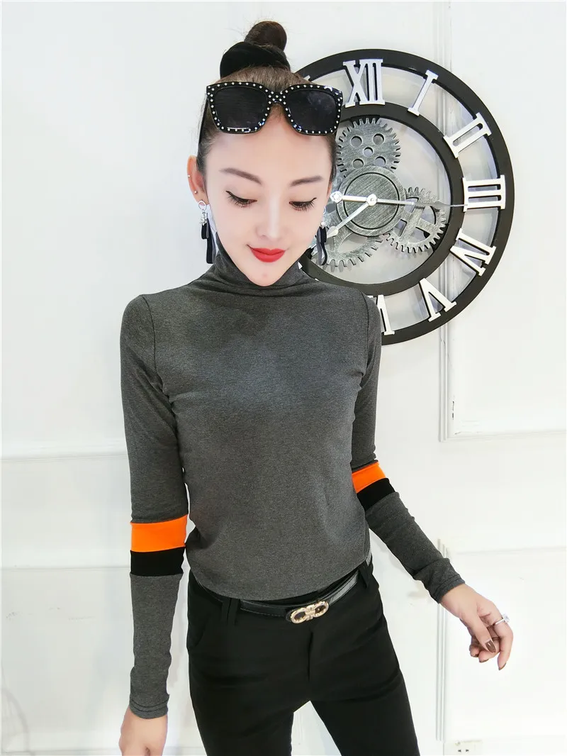 Серый Winter Long Sleeve Turtleneck Cotton T-shirts Women Bodycone Strechy Cotton Pullovers Lady High Collar Cotton T-shirts Tops - Цвет: Серый