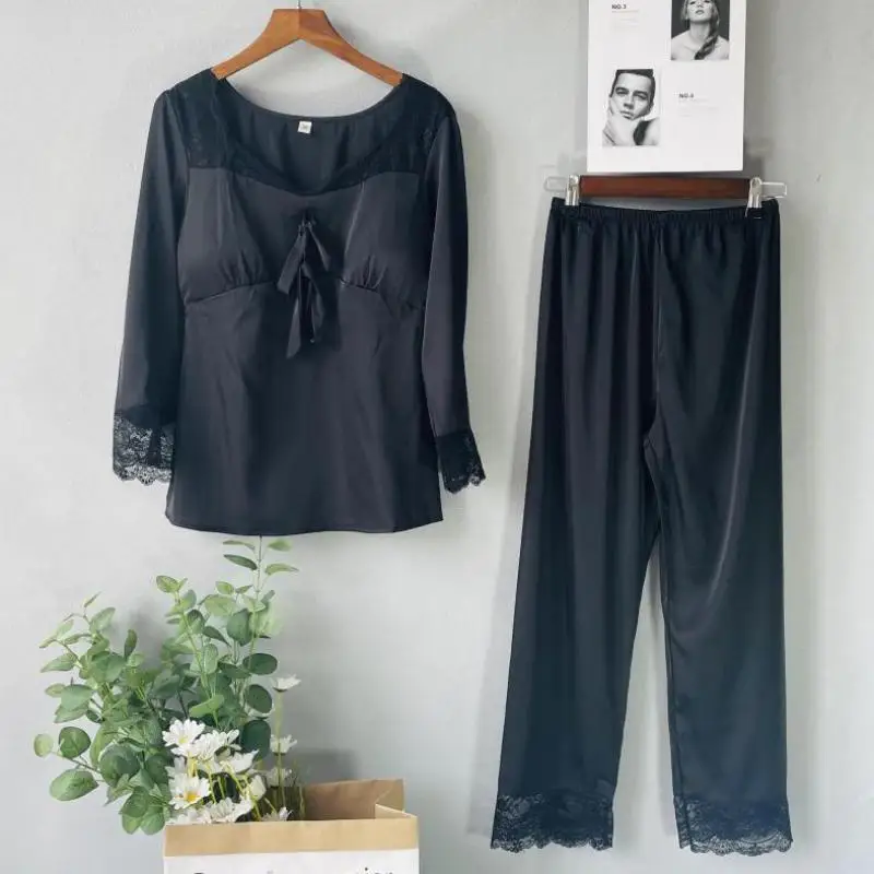 

Loose Casual Pijamas Suit Sleep Set Spring Autumn Women Long Sleeve Pajamas Set Nightwear Soft Silk Satin Home Clothes Lingerie