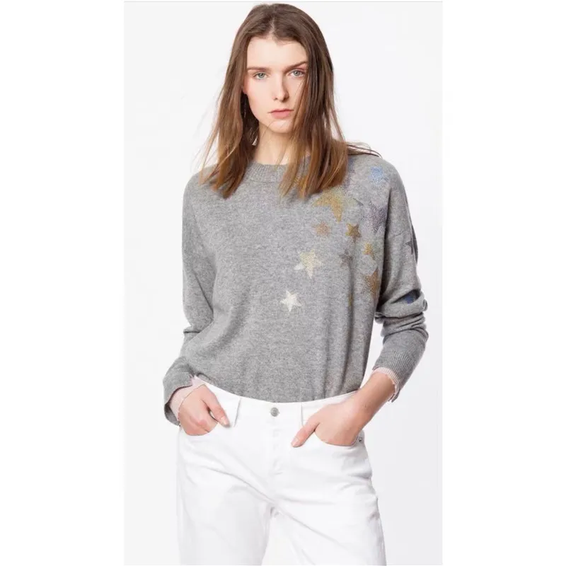 Женский трикотажный пуловер со звездами и стразами кашемировый джемпер с