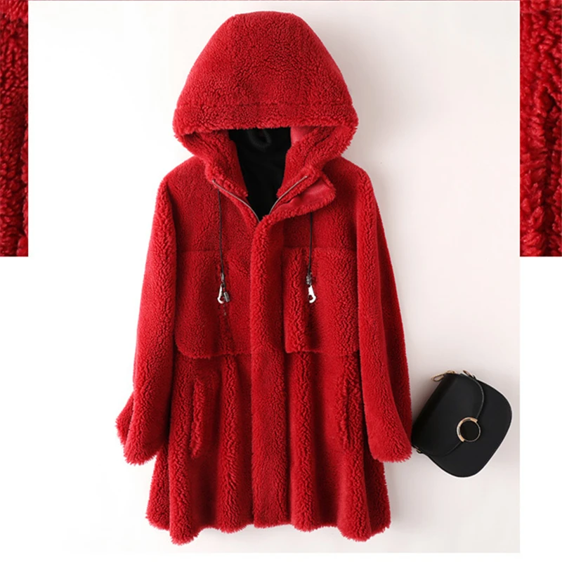 Женское меховое пальто средней длины новинка зима 2019 шерстяное с капюшоном