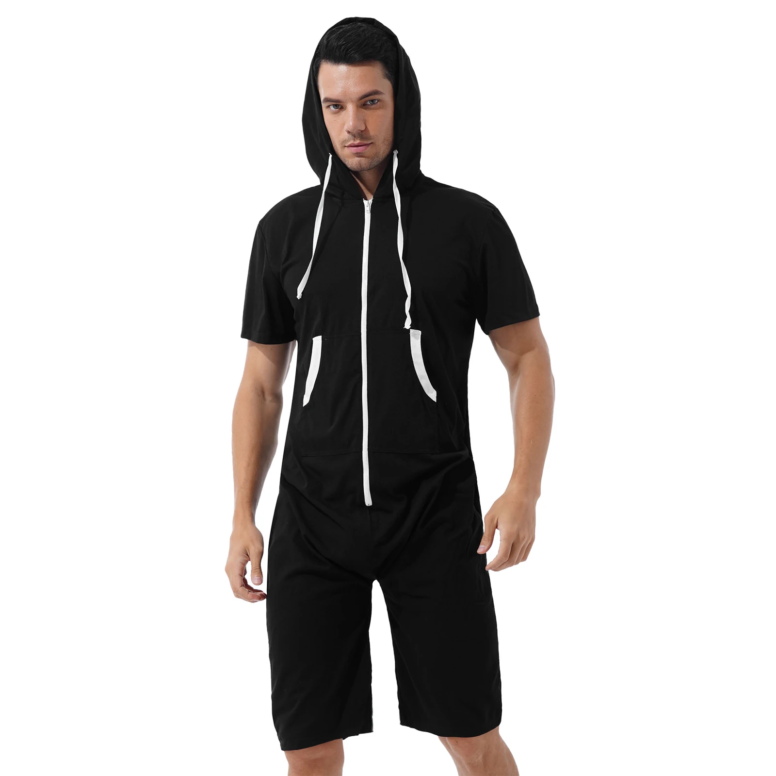Men Hooded Jumpsuit Pajamas Short Sleeve Zip Comfy Rompers Bodysuit Sleepwear with Pockets