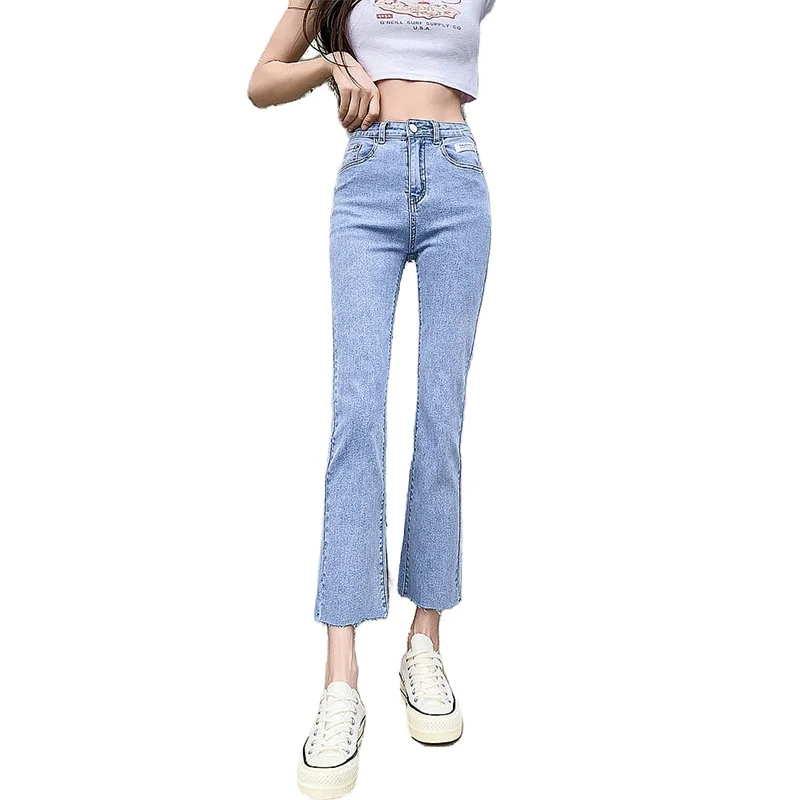 

2021 Autumn NEW Fashion Flare tassel Nine Jeans Women High Waist Casual Stretch Jeans Korea Casual Streetwear Jeans Femme B126
