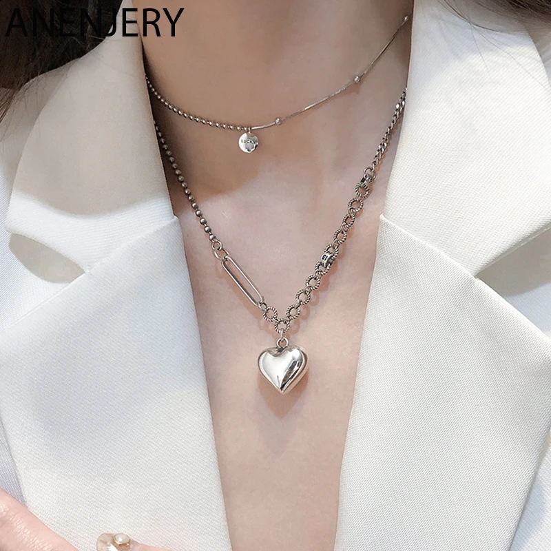 

GOLDRIA Vintage Handmade 925 Sterling Silver Love Heart Necklace For Women Thai Silver Thick Chain Clavicle Necklace S-N682