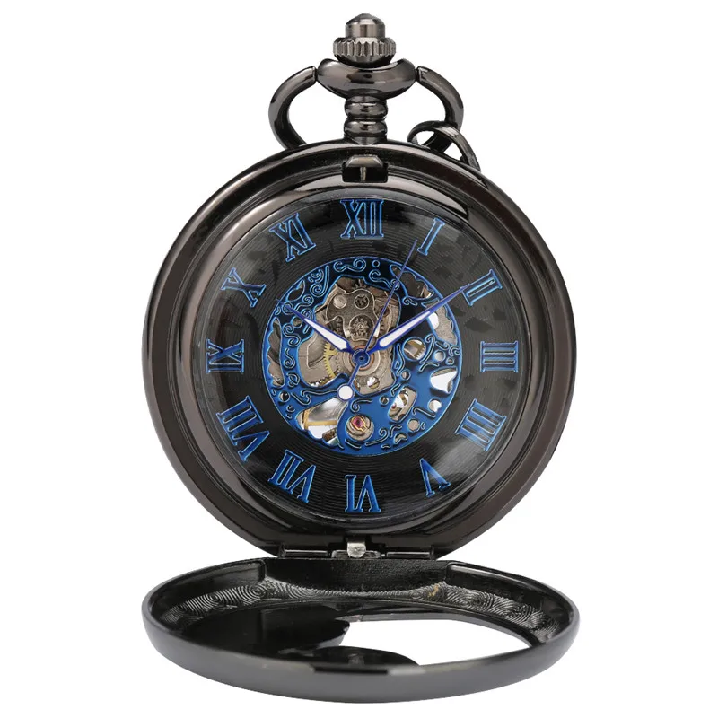 Antique Hollow Peacock Case Blue Roman Number Skeleton Steampunk Handwinding Mechanical Pocket Watch Chain Gift for Men Women