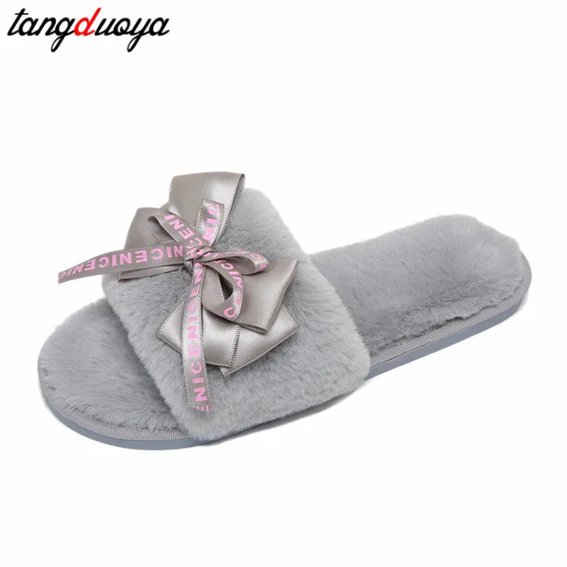 

Women Plush Home Slippers Cute Butterfly-knot Faux Fur Warm Flat Girls Shoes Slip on Autumn Winter Indoor Furry Ladies Slides
