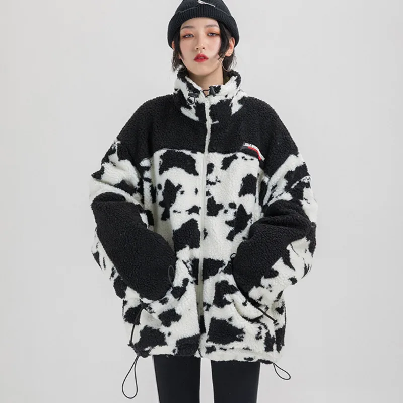 Харадзюку корова Зебра молния ягненка шерсть куртки пальто женщин стоячий