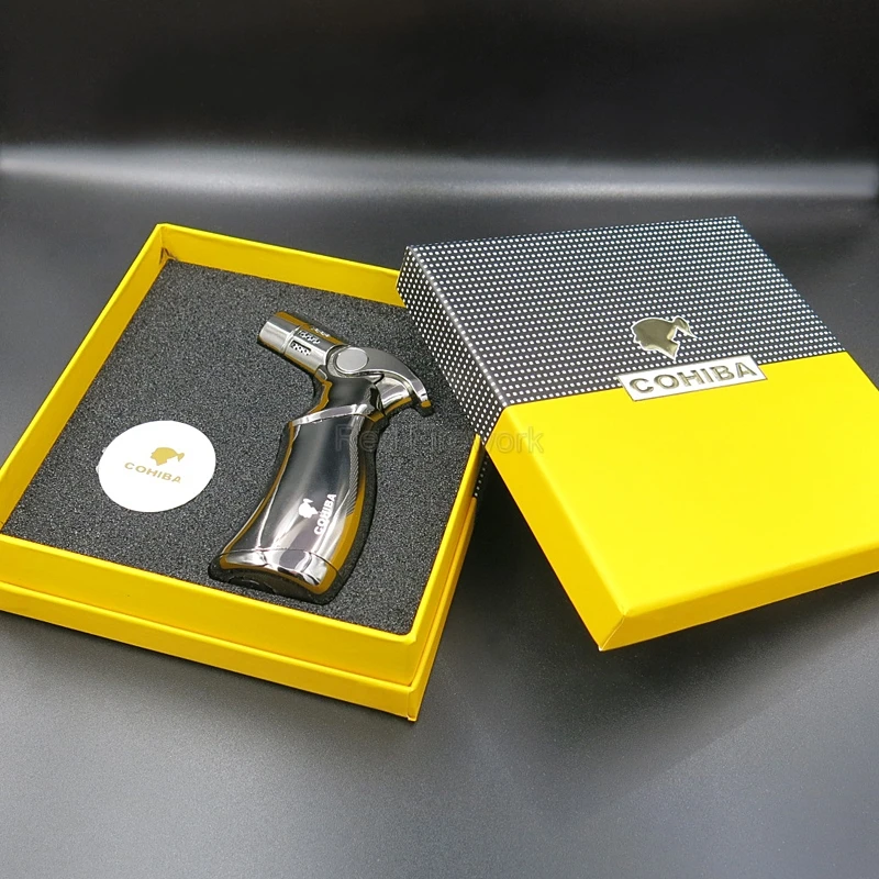 COHIBA высококачественная металлическая зажигалка для сигар, ветрозащитный фонарь с 4 пламенями, зажигалки для сигарет, огнеупорная зажигалка с подарочной коробкой