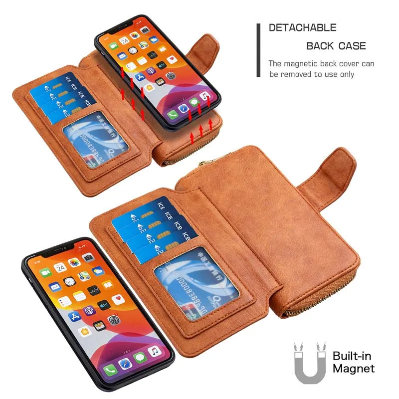 Кожаный чехол 2 в 1 кошелек на молнии Магнитный с отделением для карт iPhone 11promax 11 11Pro