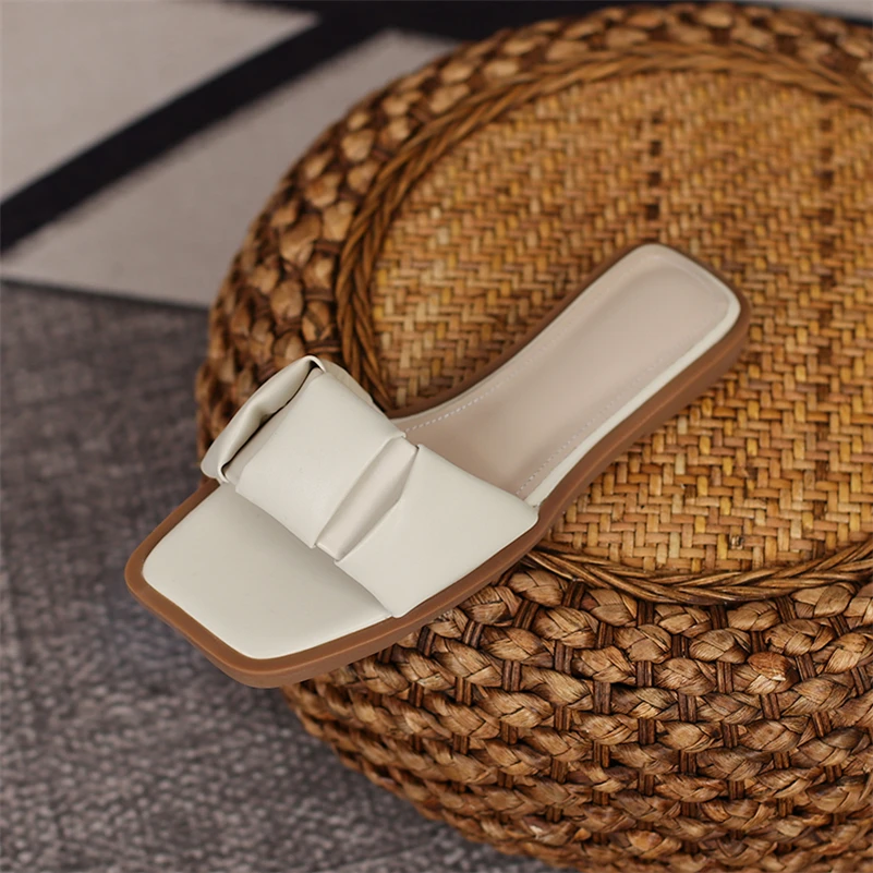 

Meotina Women Sandals Genuine Leather Shoes Flat Platform Slides Square Toe Causal Slippers Summer Ladies Footwear Beige Size 40