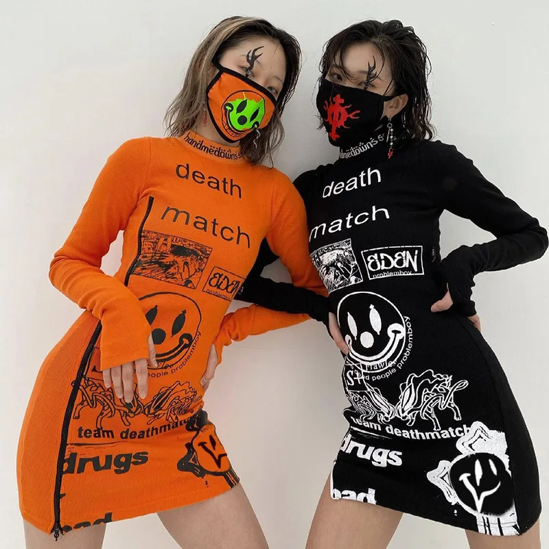 

Halloween Costume Women Dress Fashion O-neck Long-Sleeved Cartoon Print Slim Slit Dress Long Dresses Sexy Ladies Dress Bag Hip