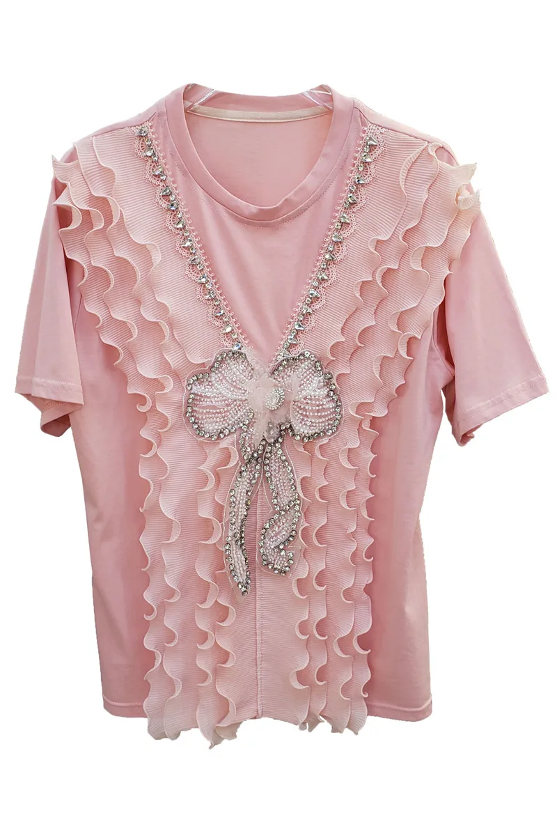 

European 2021 Summer New Beaded V-Shaped Wooden Ear Patchwork Easy Matching Western Style Top T-shirt with Short Sleeves